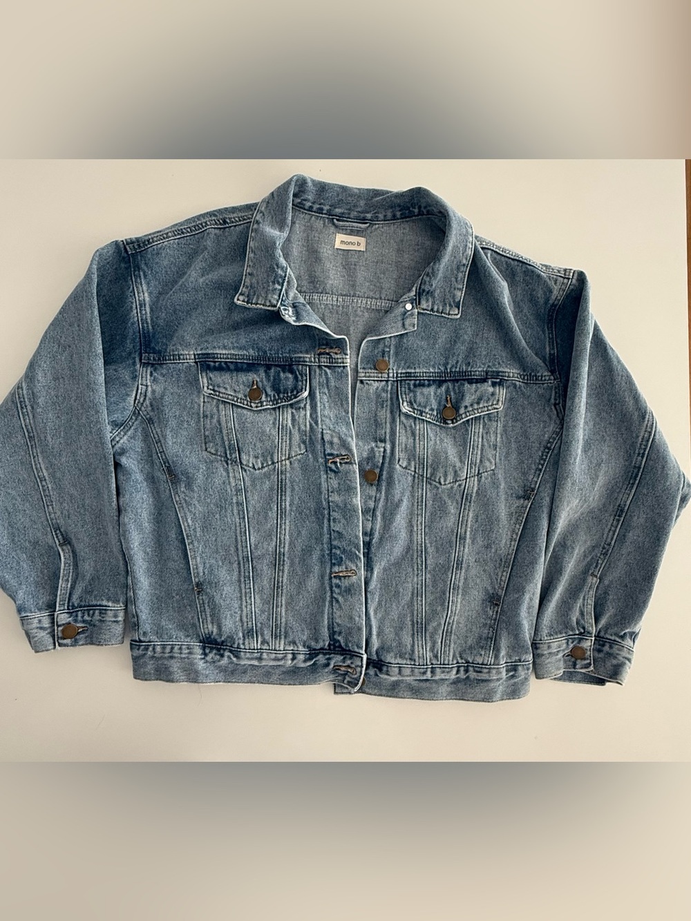 Mono B Women's Oversized Denim Jacket Size S Light Denim Pockets Button Front